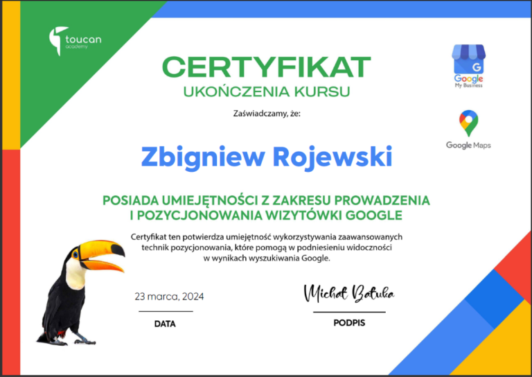 certyfikat pozycjonownie wizytówki google